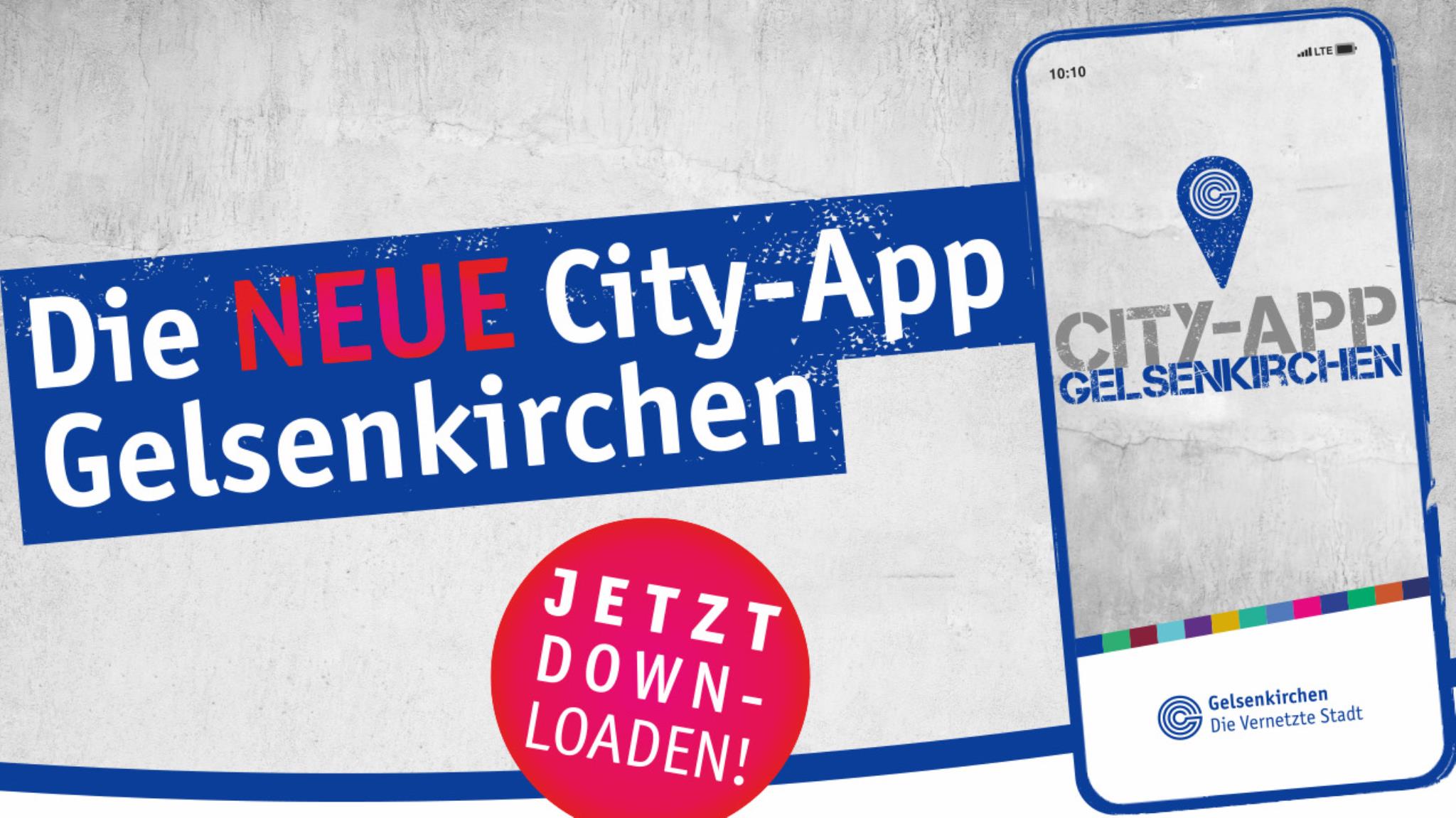 Grafik: Smartphone und Text "Die neue City-App Gelsenkirchen - Jetzt downloaden"