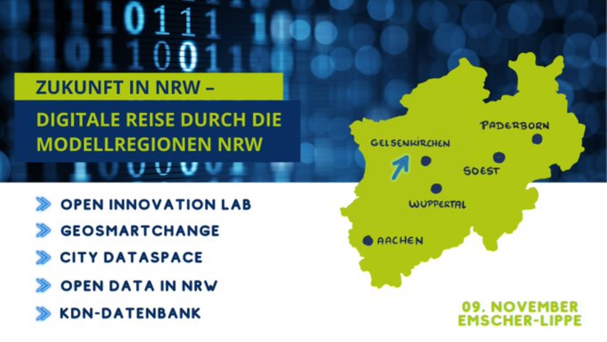 Umriss Land NRW mit Leitkommunen und Programmpunkten