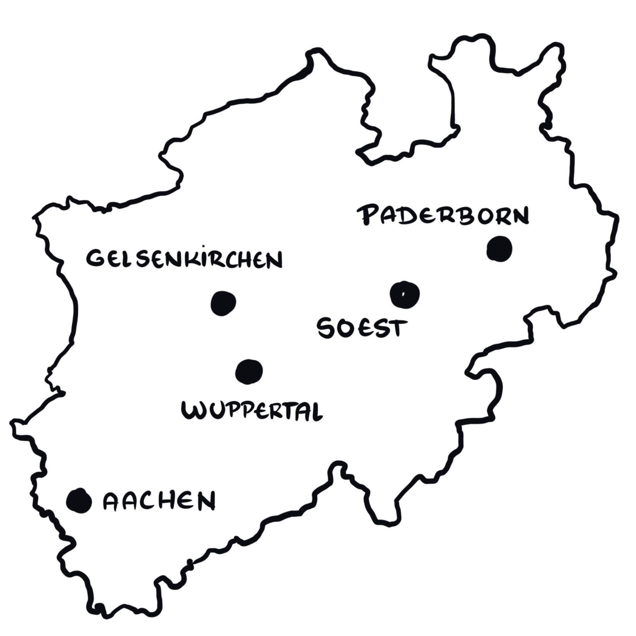 Grafik: Umriss des Landes NRW mit Markierung der Leitkommunen der fünf Digitalen Modellregionen